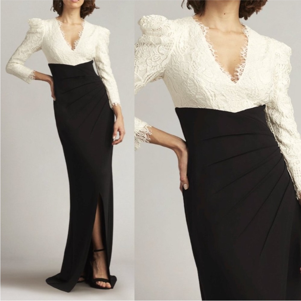 TADASHI SHOJI Ivory White Black Marshal Crepe Lace Maxi Formal Evening Gown 6 - Picture 3 of 15